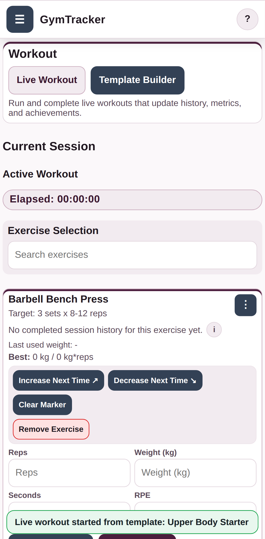 Start a live workout from the template