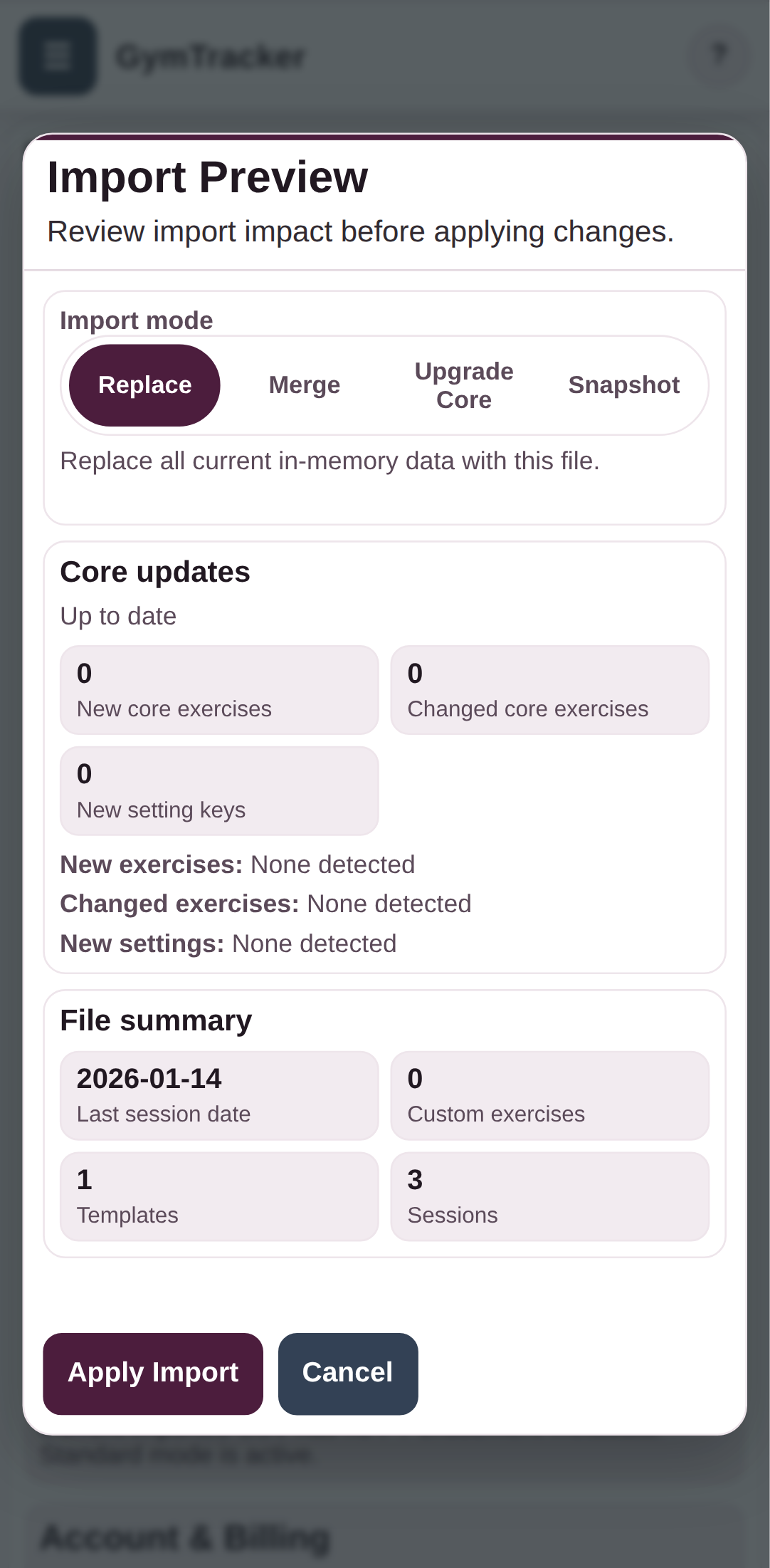 Choose the GymTracker data file