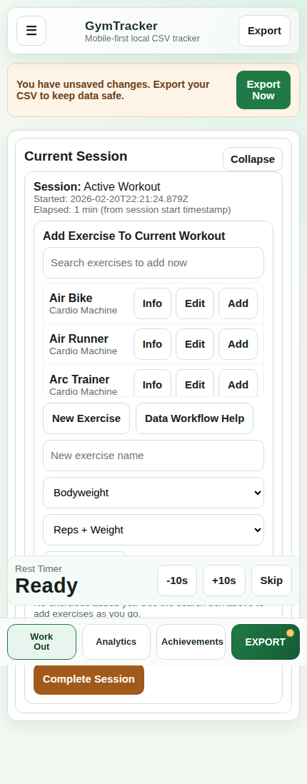 GymTracker workout flow on mobile.