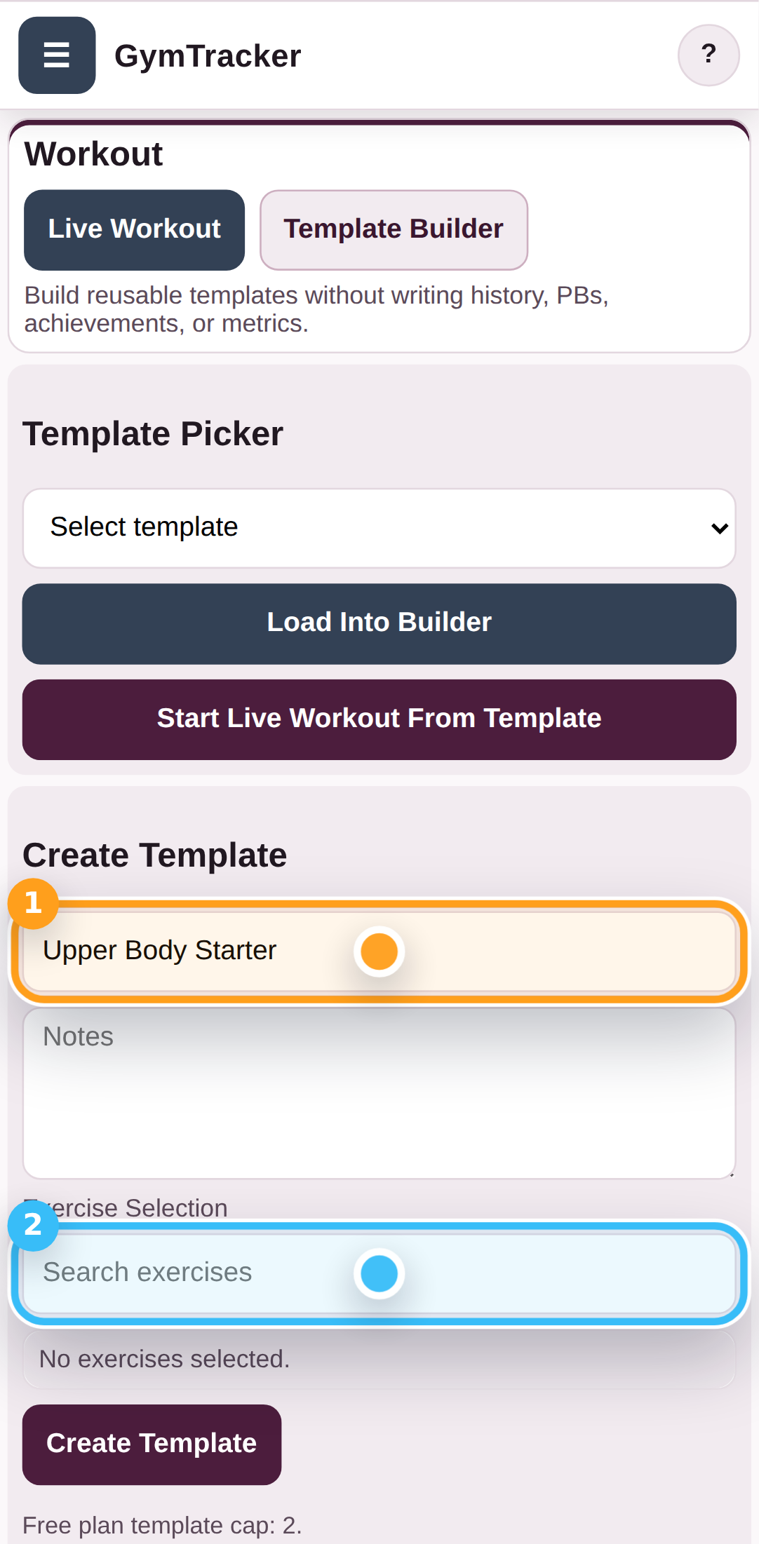 Name the template and open exercise search
