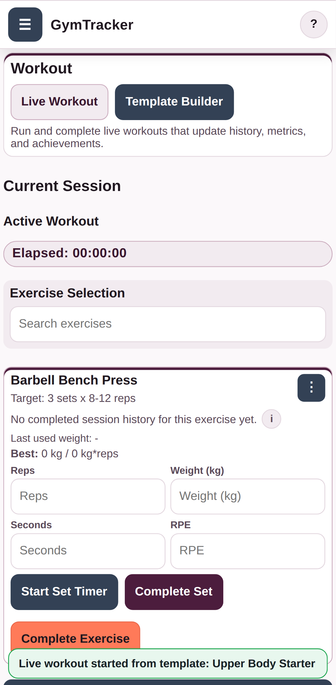 Check the live workout built from the template