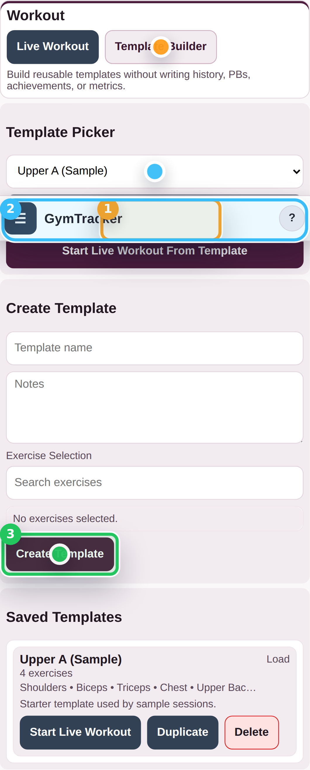 GymTracker Pro showing the template library and reusable workout builder.