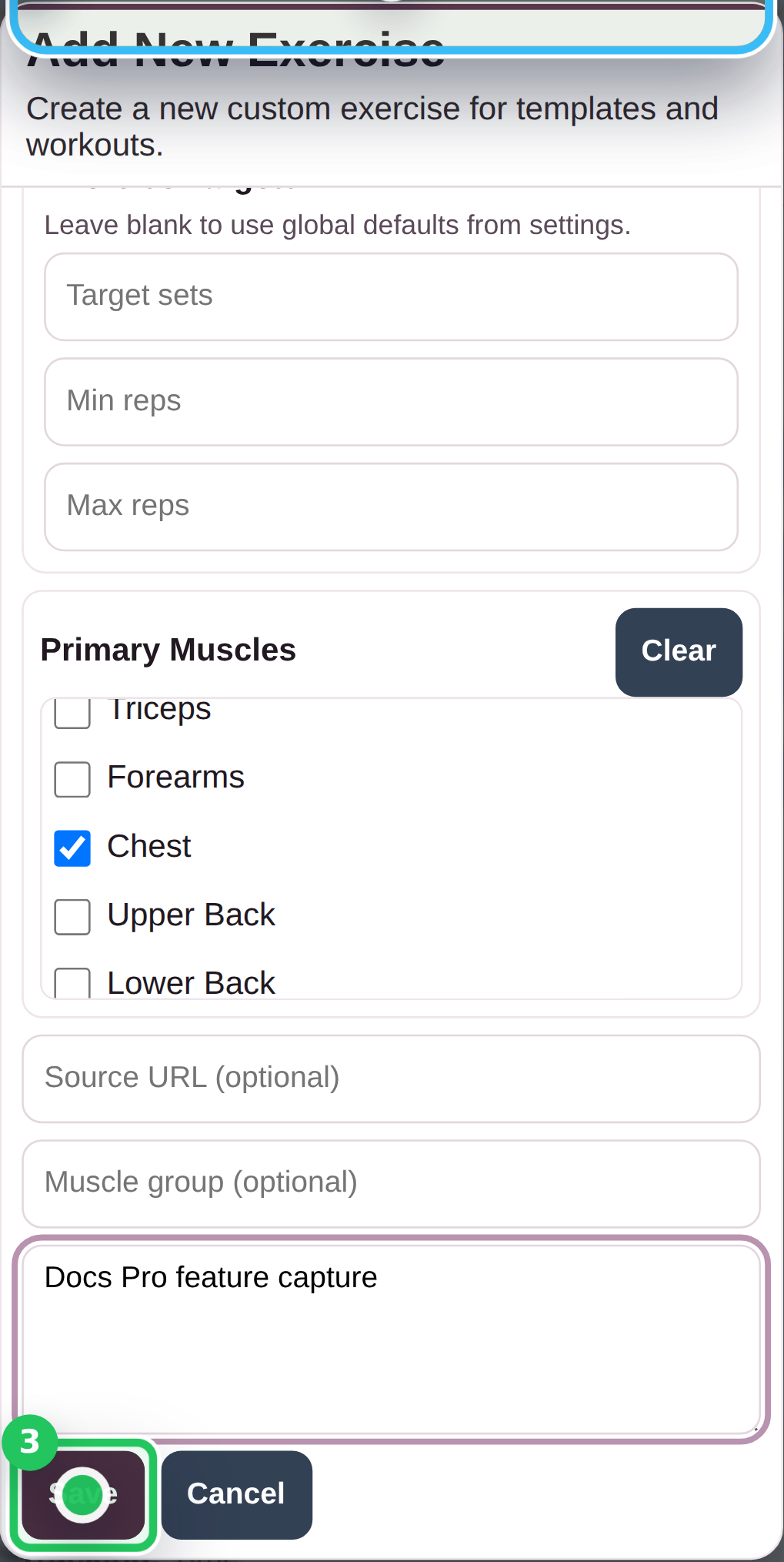 GymTracker Pro custom exercise editor open for a new exercise.
