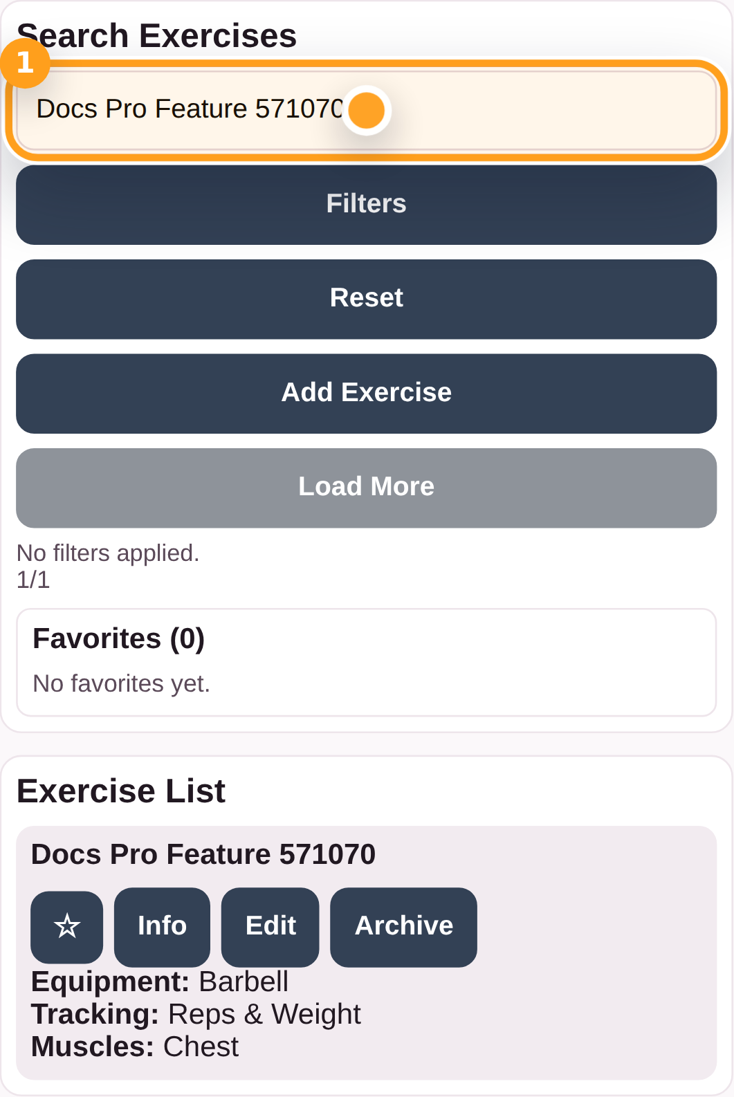 GymTracker Pro exercise list showing edit and archive controls for a custom exercise.