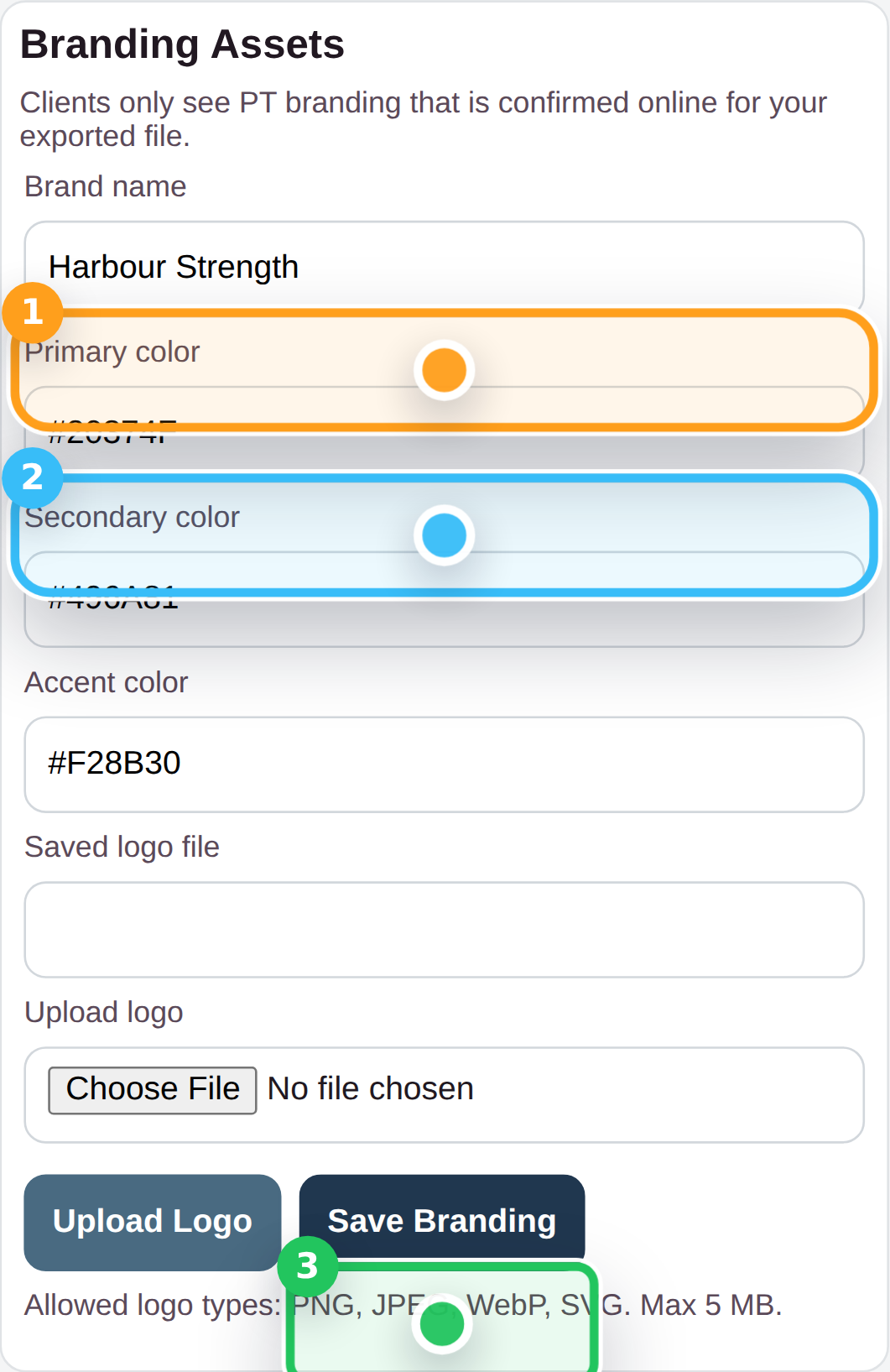 PT Pro branding assets card with brand fields and logo controls.