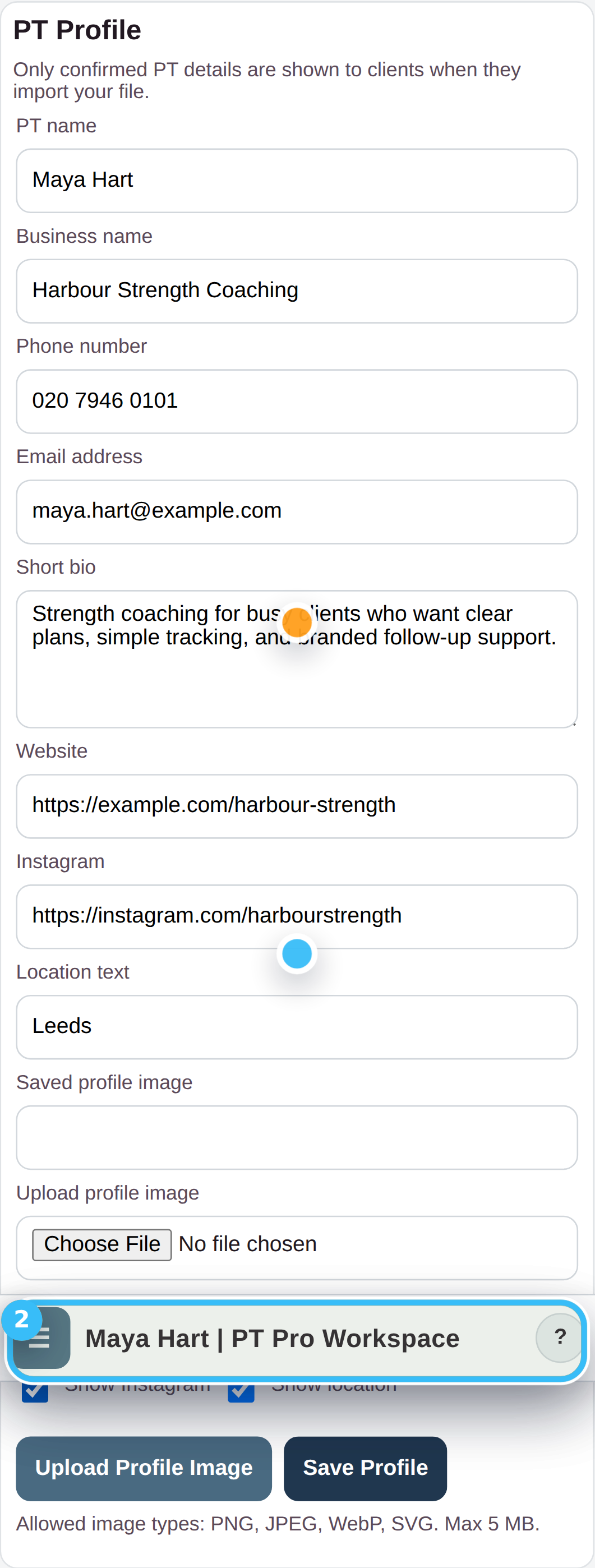 PT Pro profile card with client-facing details and visibility toggles.