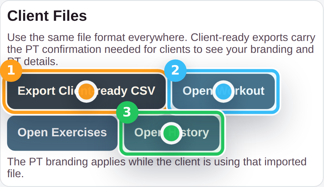 PT Pro client files card with the client-ready export action.