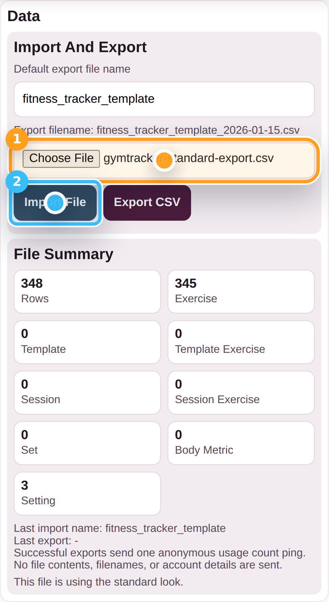 Choose the GymTracker CSV and preview it