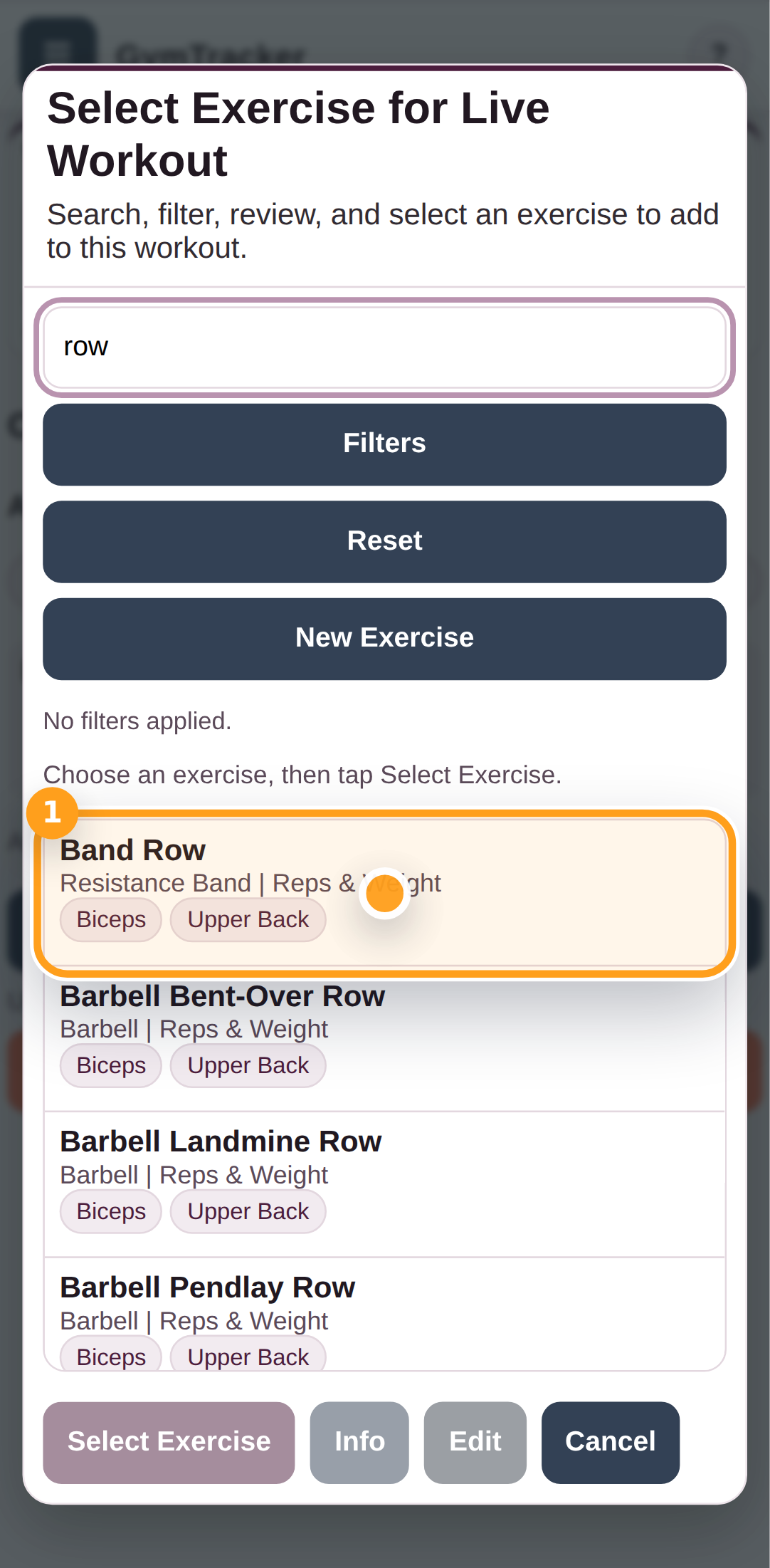 Choose the exercise from search